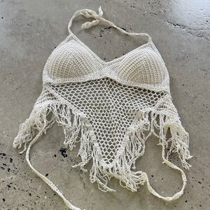 White Crochet Fringe Halter Top